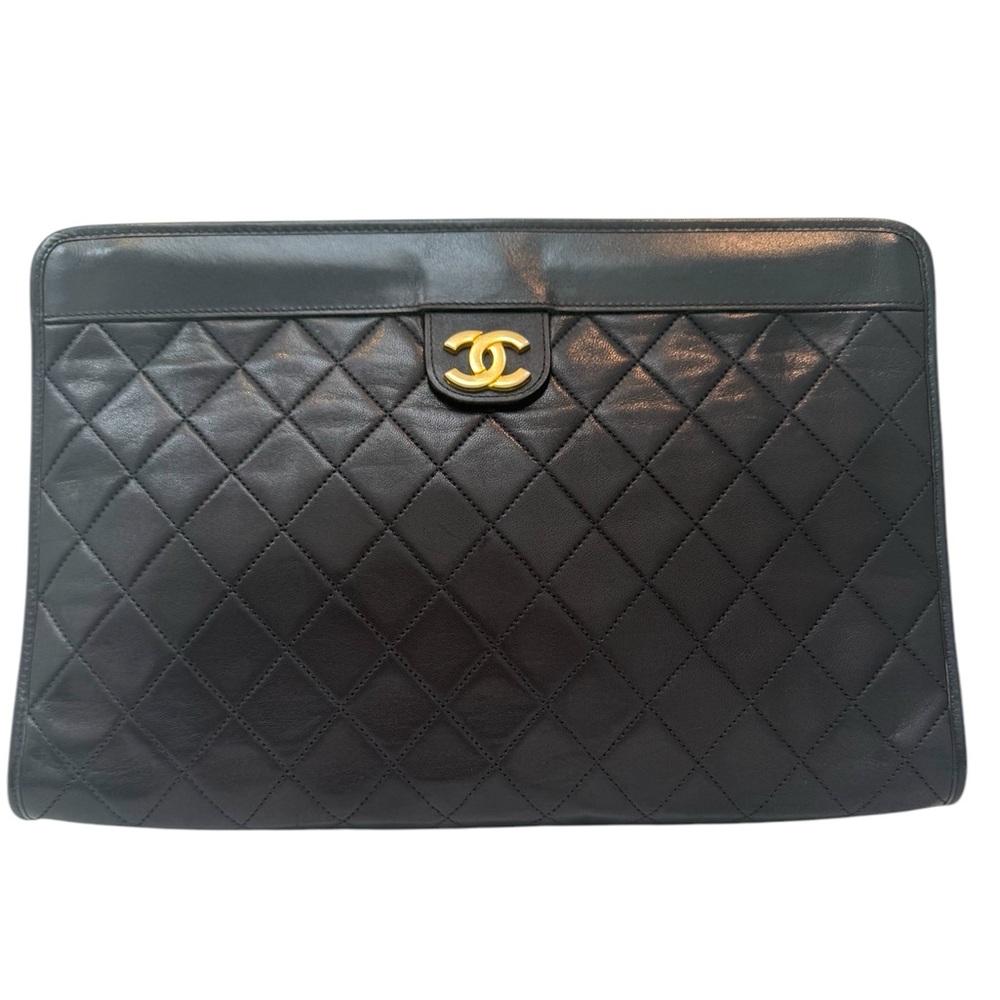RARE Chanel Black Lambskin Vintage 24K Plated Golden Hardware Clutch